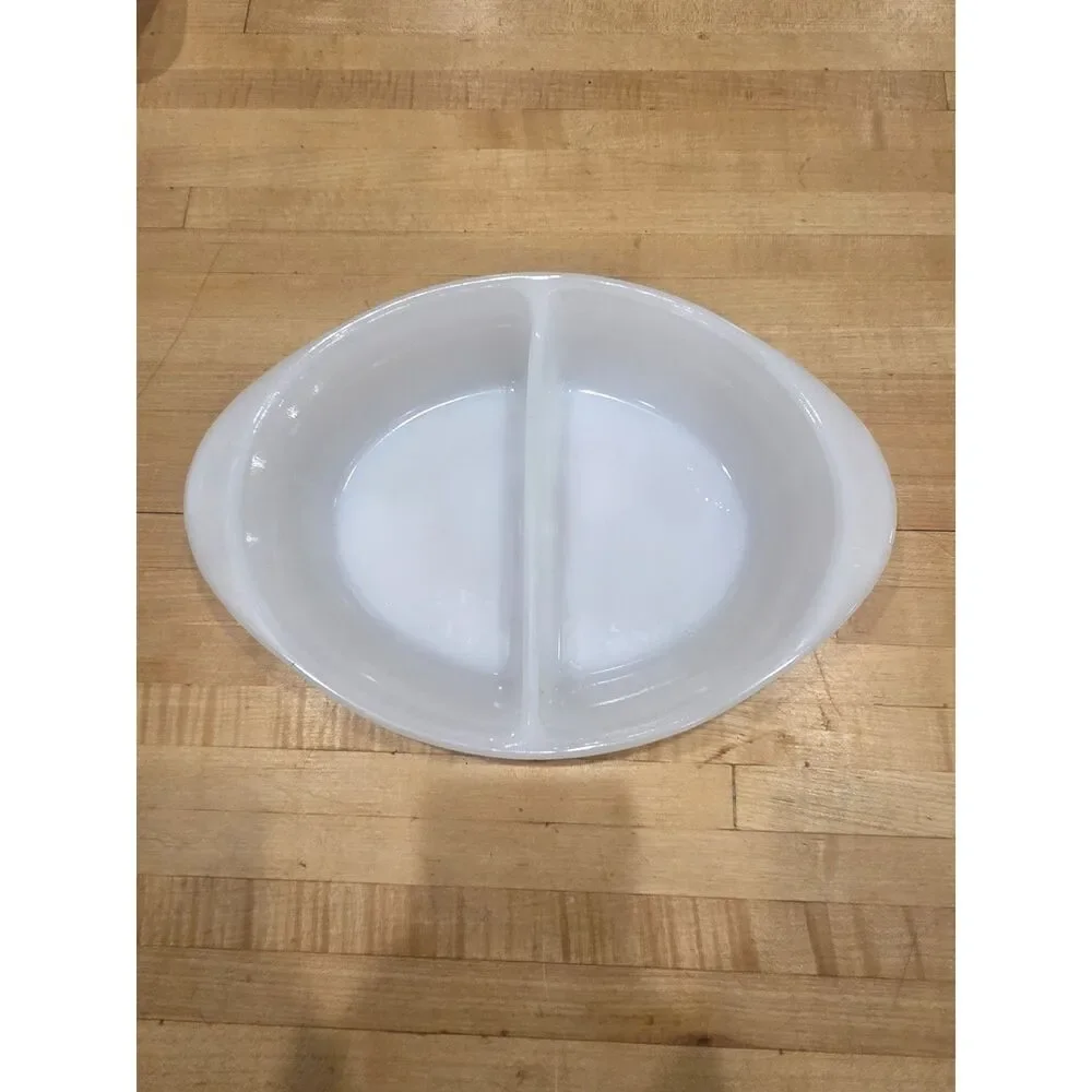 Vintage Glasbake White Milk Glass Oval Divided Serving Casserole Dish 12 Inch